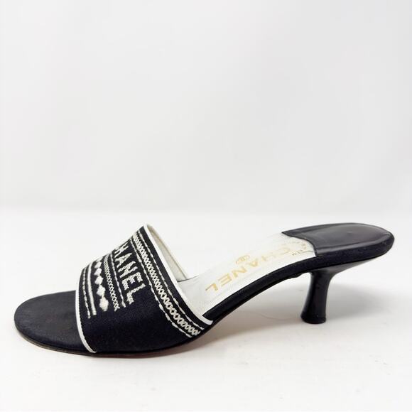 Chanel Vintage Black Embroidered Logo Slide Heels Size 37.5 - Picture 10 of 12